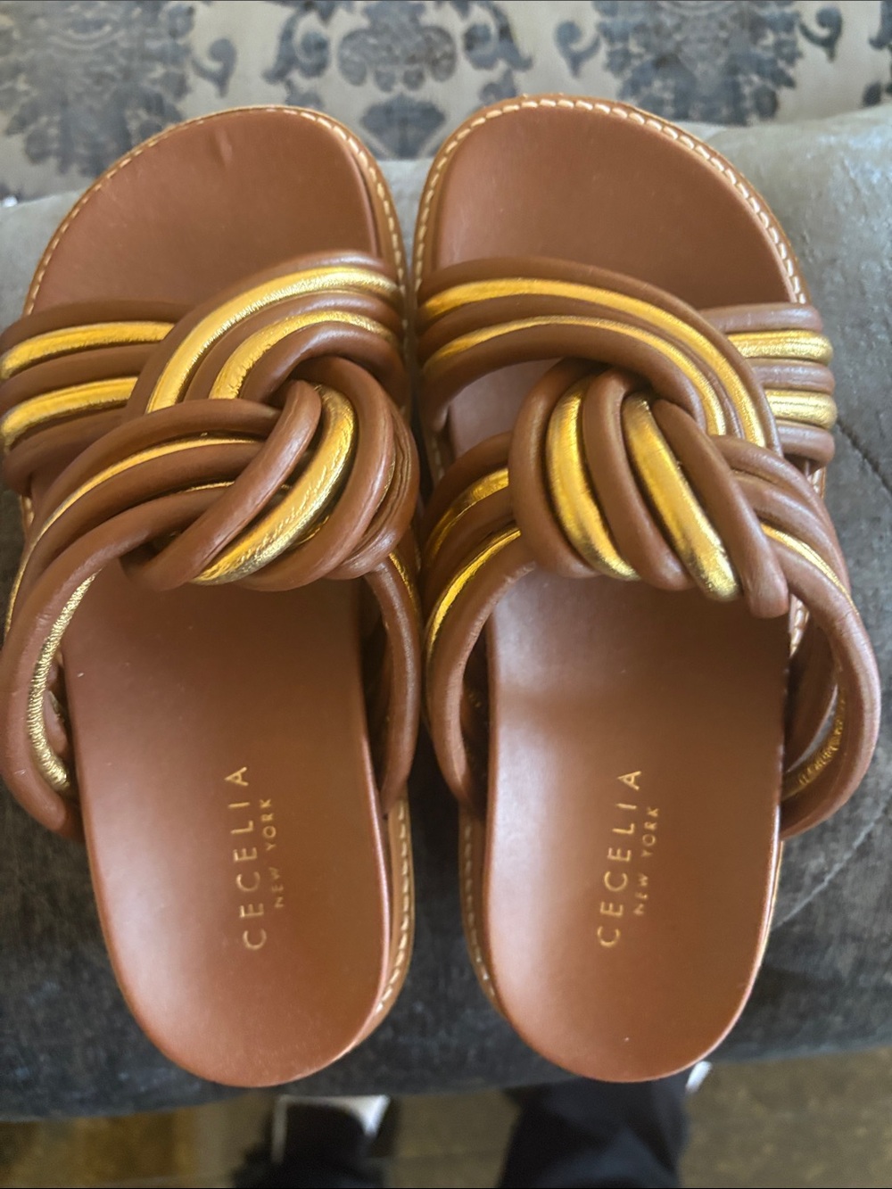 New York Brown & Gold Knotted Slide Sandals
